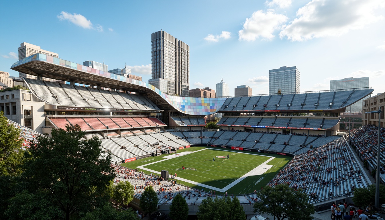 Prompt: Futuristic football stadium, dynamic curved lines, iridescent metal panels, LED light installations, translucent polymer walls, sleek cantilevered roofs, angular glass fa\u00e7ades, vibrant team color schemes, imposing structural columns, tiered seating areas, lush green roofs, urban cityscape backdrop, clear blue sky, warm sunny day, shallow depth of field, 1/1 composition, realistic reflections, ambient occlusion.