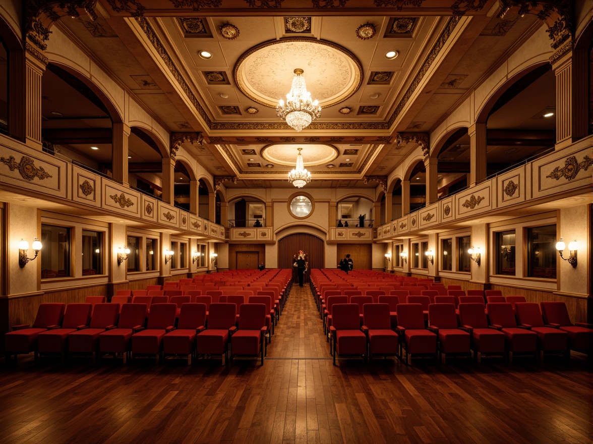 Prompt: Elegant auditorium, ornate structuralism style, vaulted ceilings, intricate arches, grandiose chandeliers, luxurious red velvet seats, polished wooden floors, acoustic panels, soundproofing materials, optimized speaker placement, precise echo reduction, warm golden lighting, dramatic spotlights, 1/2 composition, cinematic perspective, realistic textures, ambient occlusion.