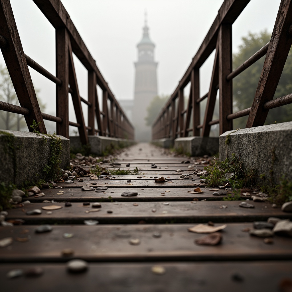 Prompt: Rustic steel bridges, weathered wooden planks, rough stone piers, ornate iron railings, textured concrete abutments, misty morning atmosphere, soft warm lighting, shallow depth of field, 3/4 composition, realistic textures, ambient occlusion.