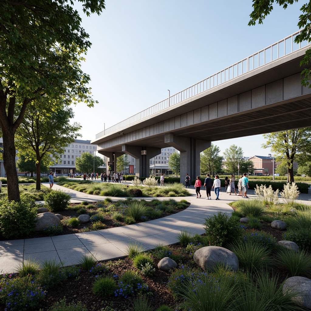 Prompt: Bustling train station, urban landscape, modern architecture, sleek metal structures, vibrant greenery, lush gardens, pedestrian walkways, public art installations, natural stone paving, LED lighting systems, ambient soundscape, shallow depth of field, 3/4 composition, panoramic view, realistic textures, ambient occlusion.