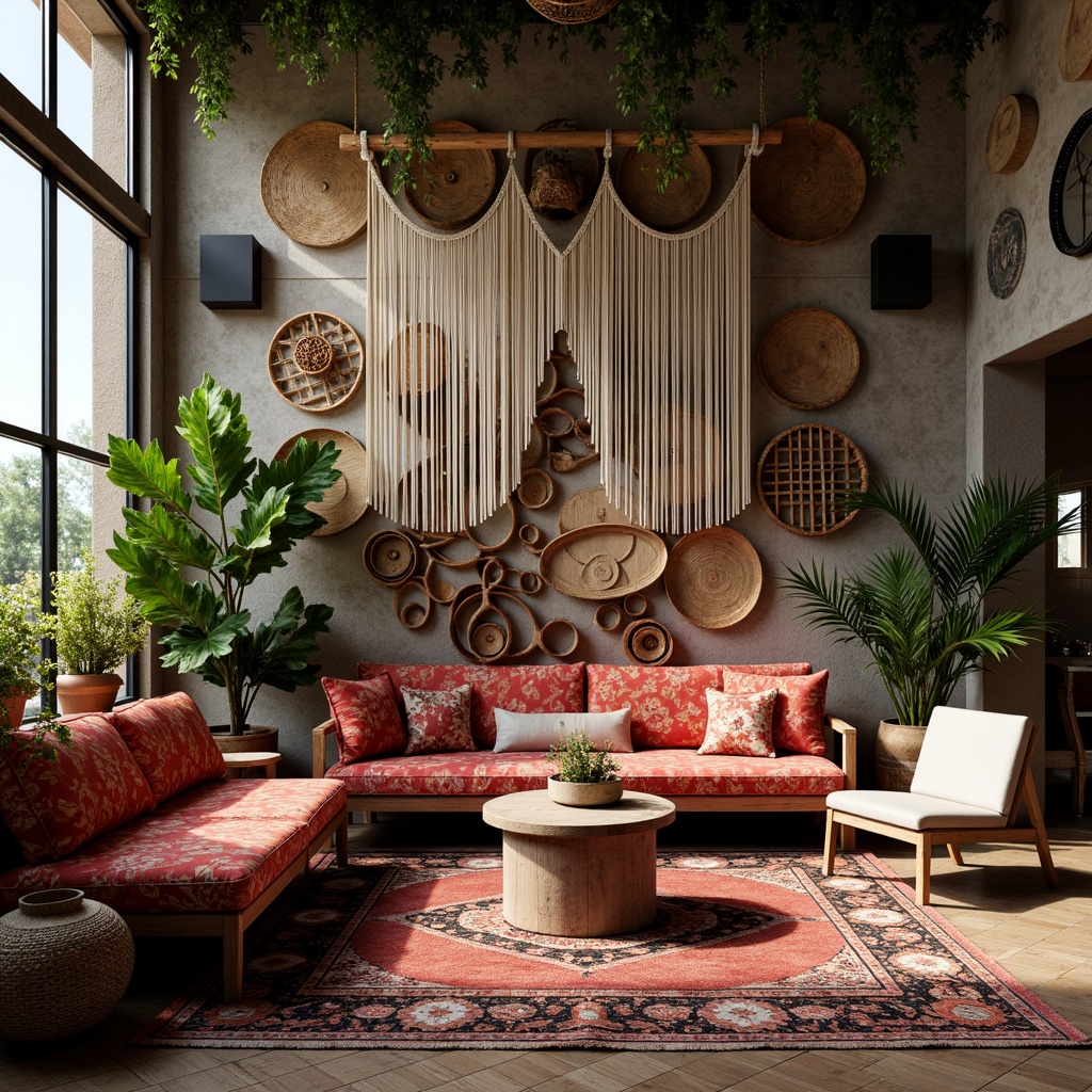 Prompt: Vibrant bohemian space, eclectic mix of patterns, bold bright colors, statement furniture pieces, vintage decorative items, distressed wood accents, lush greenery, natural textiles, woven baskets, macrame wall hangings, rich jewel tones, metallic gold accents, soft warm lighting, dramatic shadows, 1/1 composition, realistic textures, ambient occlusion.