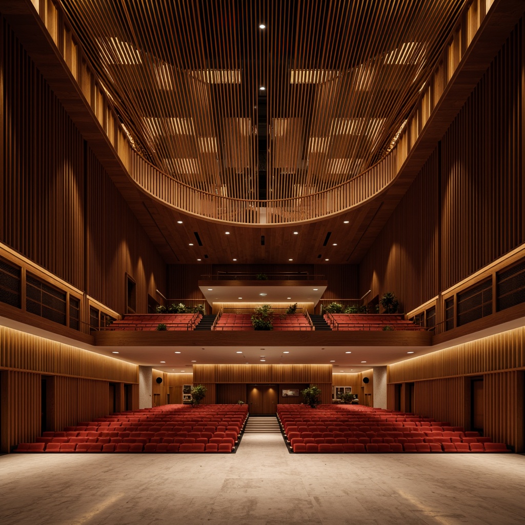 Prompt: Elegant auditorium interior, ornate wooden panels, intricate ceiling details, suspended acoustic panels, curved lines, geometric shapes, grand chandeliers, plush red seats, polished marble floors, minimal ornamentation, subtle warm lighting, soft diffused shadows, 1/2 composition, atmospheric perspective, realistic material textures, ambient occlusion, dramatic spotlights, subtle color grading.