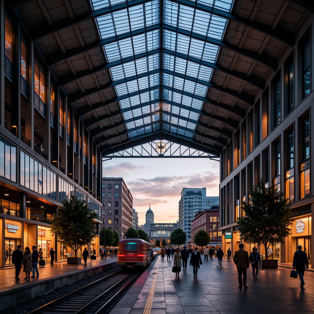 Prompt: Vibrant train station, modern architecture, sleek metal beams, glass roofs, natural light pouring in, warm LED lighting, colorful neon signs, bustling atmosphere, busy commuters, urban landscape, city skyline views, pedestrian walkways, concrete floors, steel columns, industrial chic decor, ambient occlusion, shallow depth of field, 3/4 composition, realistic textures, soft warm glow, evening sunset ambiance.