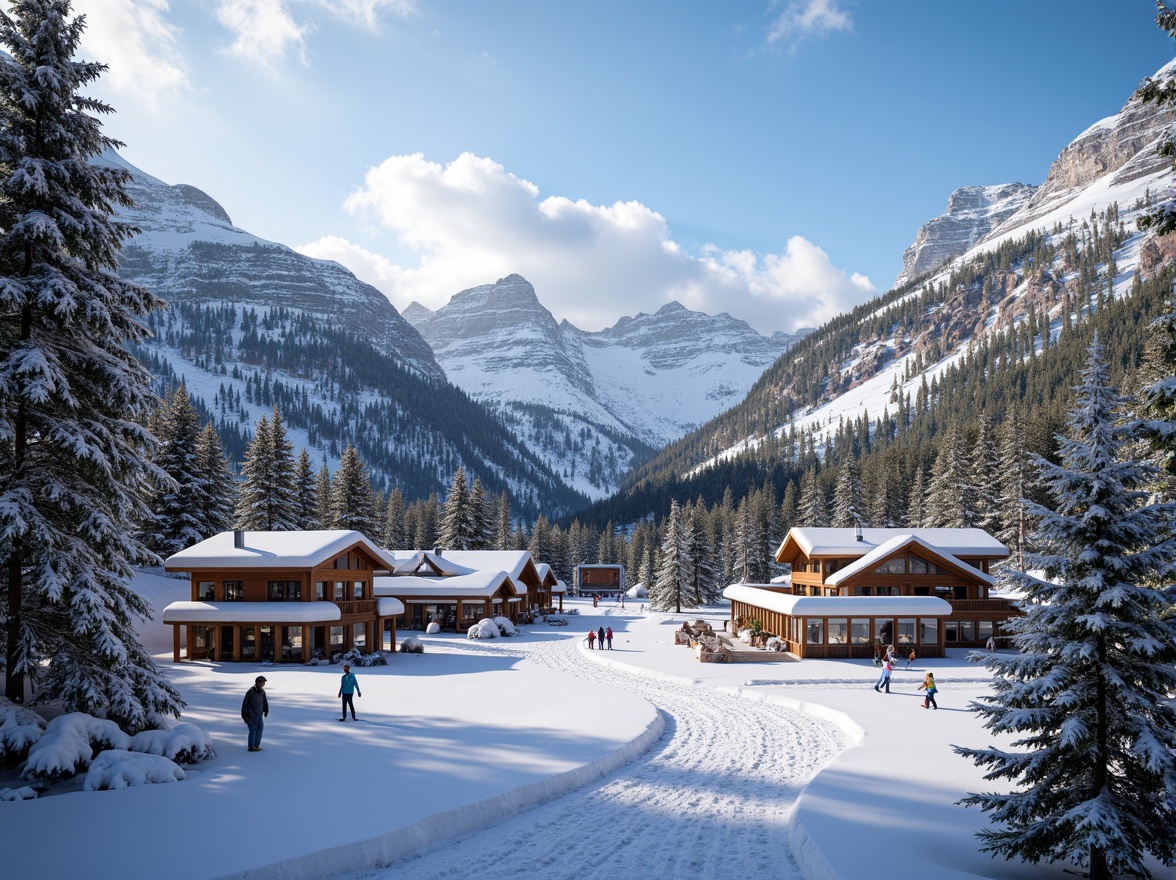 Prompt: Snow-capped mountains, frosty pine trees, icy blue skies, powdery snowflakes, rustic wooden chalets, warm cozy fireplaces, vibrant ski lifts, colorful winter gear, frozen lakes, snowy forests, morning mist, soft golden lighting, shallow depth of field, 1/2 composition, symmetrical framing, realistic textures, ambient occlusion, frosty glass surfaces, metallic accents, warm beige tones, icy blue hues, poppy red highlights.