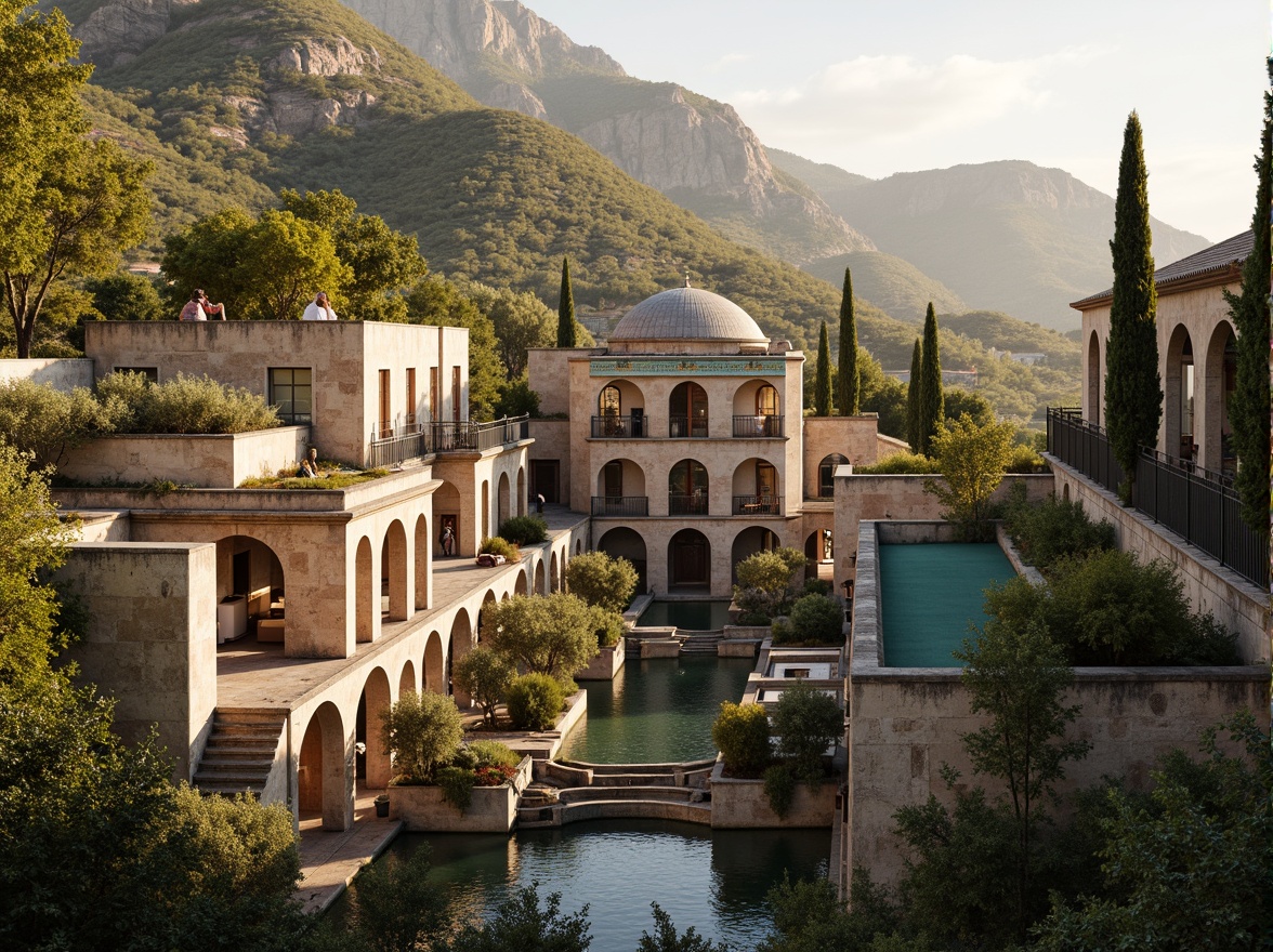 Prompt: Majestic hillside, lush Mediterranean vegetation, ancient olive trees, weathered stone walls, intricately decorated Byzantine buildings, ornate domes, grand archways, vibrant turquoise accents, rustic terracotta roofs, secluded courtyards, serene water features, natural rock formations, warm golden lighting, atmospheric mist, shallow depth of field, 1/2 composition, symmetrical framing, realistic textures, ambient occlusion.