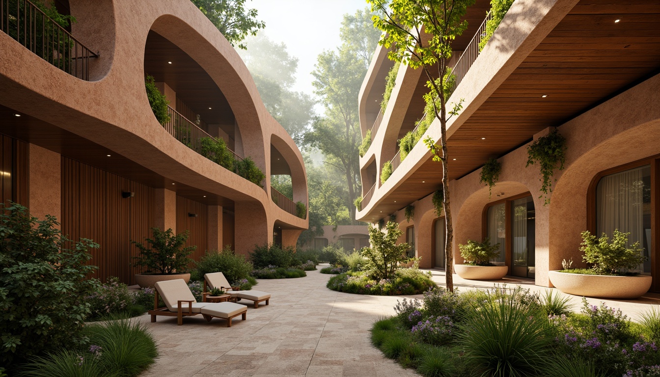 Prompt: Earth-toned natural materials, wooden accents, living green walls, organic curves, sustainable design, eco-friendly buildings, earthy color scheme, terracotta red, sienna brown, mossy green, sandy beige, weathered wood tones, natural stone textures, soft warm lighting, atmospheric mist, blurred edges, shallow depth of field, 1/1 composition, intimate perspective, realistic renderings.