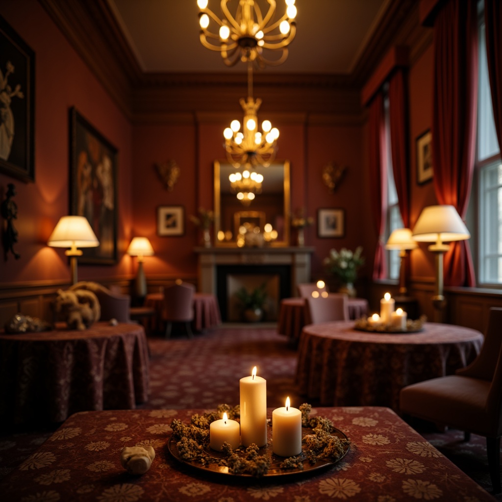 Prompt: Soft warm candlelight, lavish velvet drapes, ornate golden fixtures, rich wood paneling, intimate cozy atmosphere, dramatic shadows, soft focus blur, warm color palette, subtle gradient effects, luxurious fabrics, intricate lace details, whimsical floral patterns, mysterious dimly lit corridors, grand chandeliers, ornate mirrors, lavish furnishings, opulent decor, dreamy ambient lighting, cinematic composition, shallow depth of field.