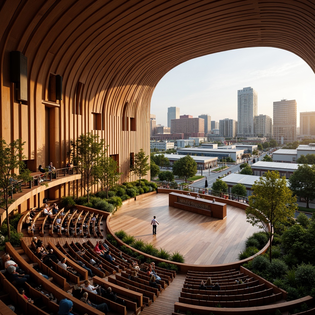 Prompt: Elegant concert hall, sweeping curved lines, acoustic panels, soundproofing materials, natural wood textures, green roofs, solar panels, rainwater harvesting systems, eco-friendly seating, recycled materials, energy-efficient lighting, soft warm glow, shallow depth of field, 3/4 composition, panoramic view, realistic textures, ambient occlusion, urban cityscape, bustling streets, vibrant cultural atmosphere.