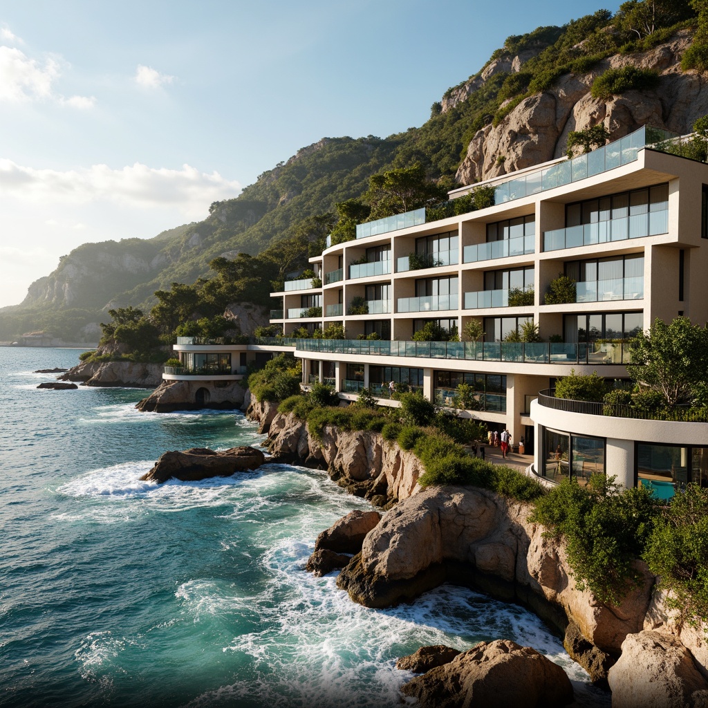 Prompt: Wave-crashing coastline, oceanfront apartments, modern curvaceous facade, floor-to-ceiling glass windows, sliding doors, balconies with stainless steel railings, anodized aluminum cladding, iridescent blue-green glass panels, undulating rooflines, cantilevered overhangs, tropical plants, driftwood accents, natural stone walls, coral-inspired textures, warm golden lighting, shallow depth of field, 1/2 composition, dramatic ocean views, realistic water effects, ambient occlusion.