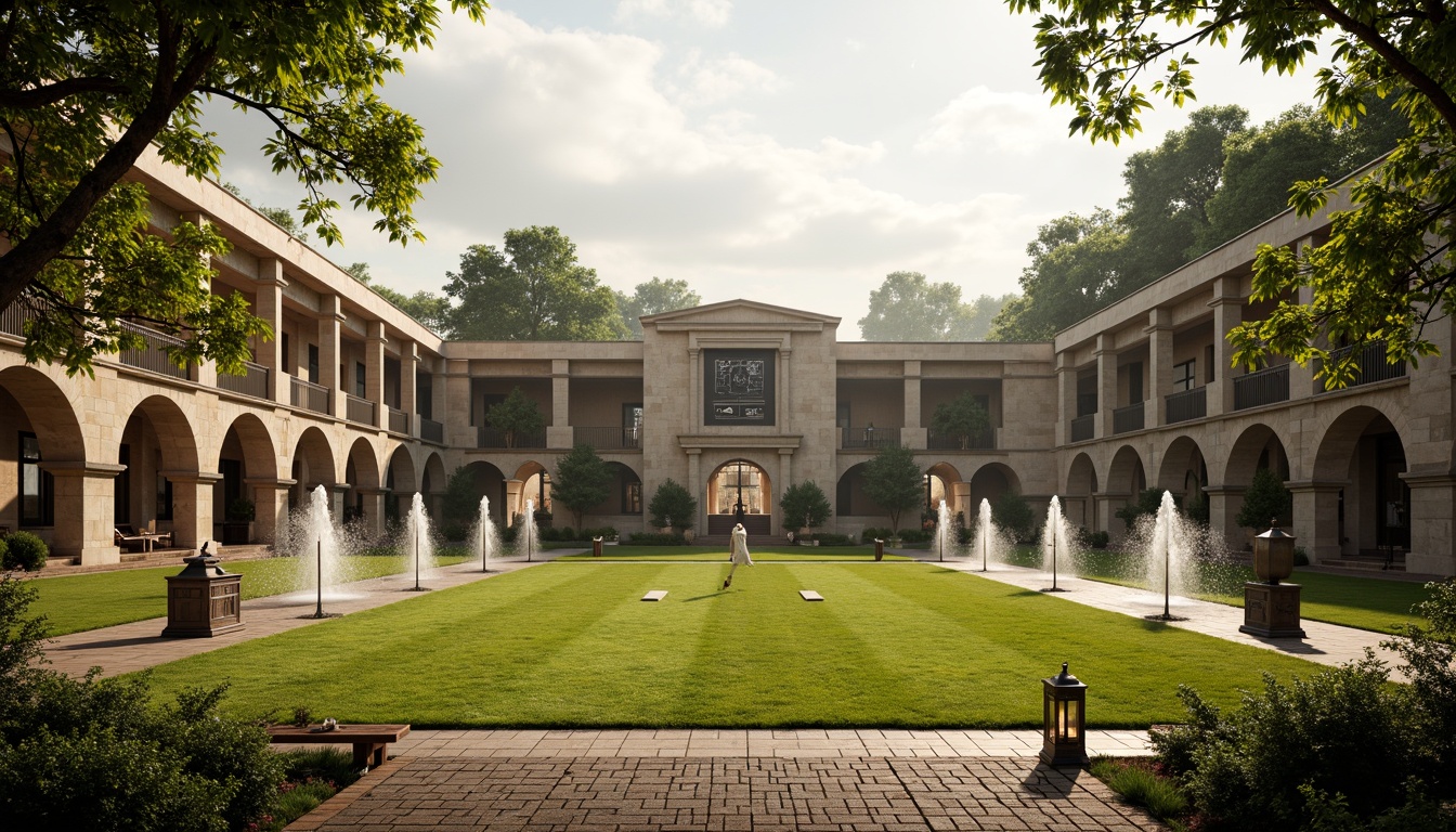 Prompt: Renaissance-style sports field, symmetrical layout, ornate fountains, lush green grass, classic stone columns, arched walkways, rustic wooden benches, vintage scoreboard, antique lanterns, soft warm lighting, afternoon sun, shallow depth of field, 2/3 composition, panoramic view, realistic textures, ambient occlusion.