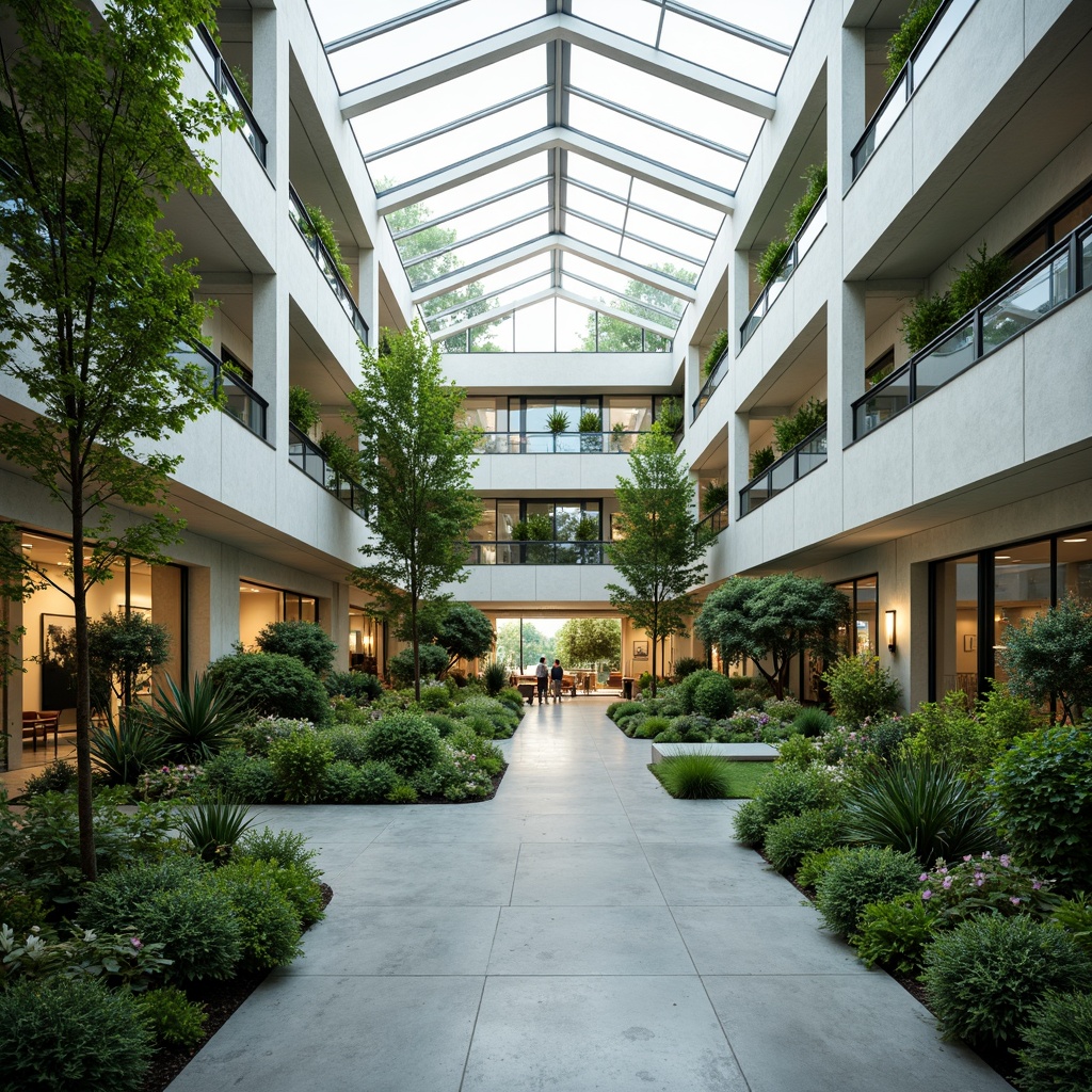 Prompt: Vibrant atrium, lush greenery, floor-to-ceiling windows, clerestory roofs, skylights, transparent glass facades, minimalist interior design, reflective surfaces, polished concrete floors, white walls, open-plan living spaces, airy feel, abundant natural light, soft warm glow, gentle shadows, 1/1 composition, symmetrical architecture, harmonious color palette, subtle textures, ambient occlusion.