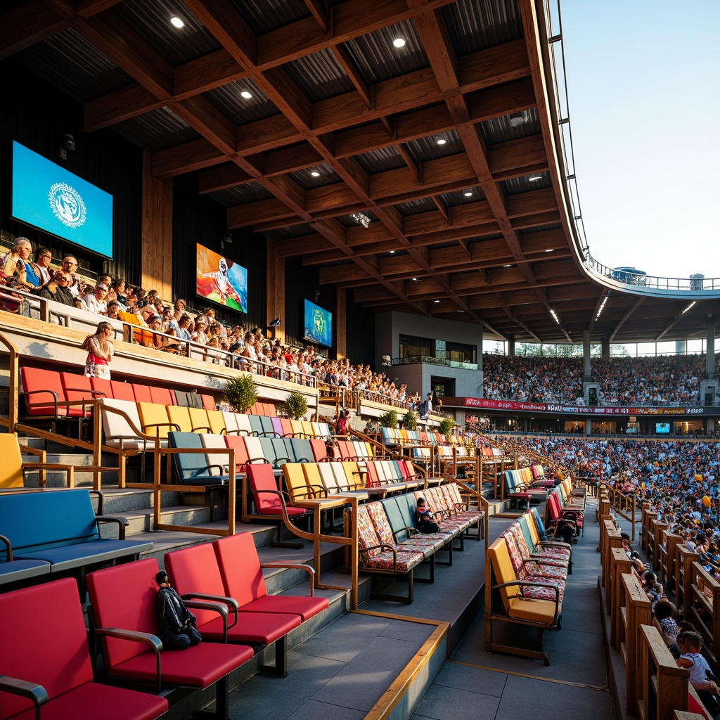 Prompt: Vibrant eclectic stadium, dynamic seating arrangement, mismatched chairs, colorful upholstery, bold patterns, ornate metal frames, rich wood accents, plush VIP areas, luxurious sofas, modern LED lighting, futuristic scoreboards, energetic crowd atmosphere, warm sunny day, dramatic shadows, 1/2 composition, close-up shots, realistic textures, ambient occlusion.