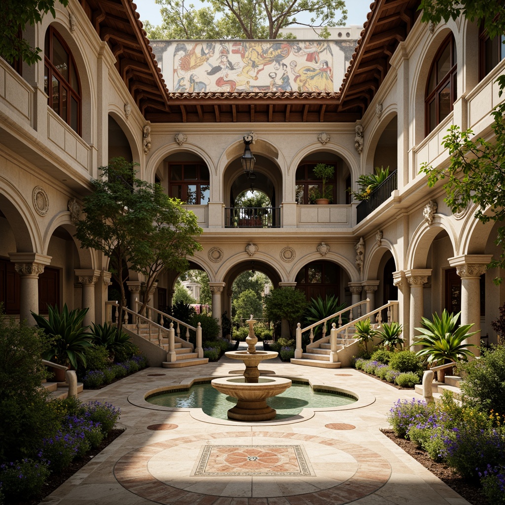 Prompt: Opulent Renaissance-style mansion, grand interior courtyard, lush greenery, ornate fountains, intricately carved stone walls, majestic archways, elegant staircases, richly patterned marble floors, vibrant fresco ceilings, ornamental planters, exotic flowers, subtle soft lighting, warm golden tones, 1/2 composition, intimate framing, realistic textures, ambient occlusion.