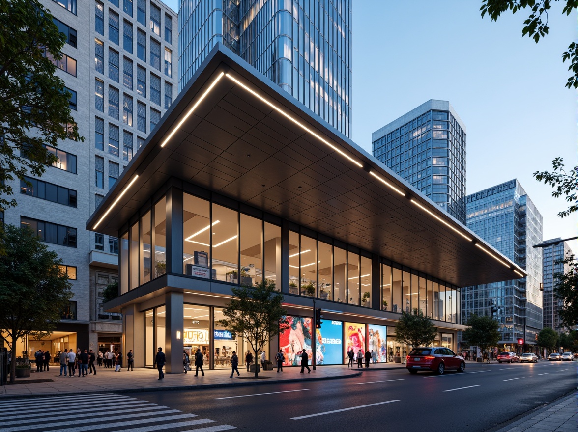 Prompt: Modern bus station, sleek glass fa\u00e7ade, angular lines, minimalist design, cantilevered roofs, stainless steel columns, LED lighting systems, dynamic digital displays, urban cityscape, bustling streets, vibrant advertisements, morning rush hour, warm natural light, shallow depth of field, 1/1 composition, realistic reflections, ambient occlusion.