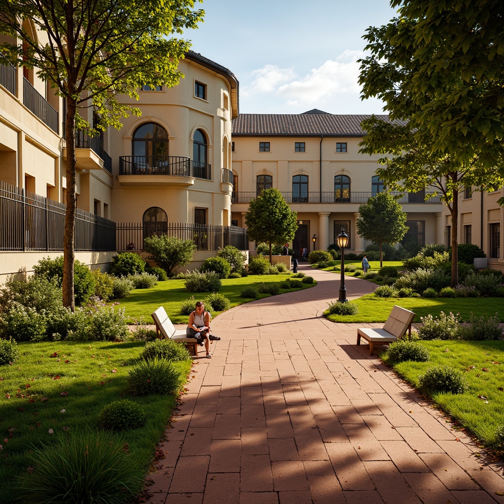 Prompt: Lush emerald grass, terracotta red clay tracks, creamy stone walls, ornate iron fencing, rustic wooden benches, vintage lanterns, classic Italian cypress trees, sunny afternoon, warm golden lighting, shallow depth of field, 2/3 composition, symmetrical framing, realistic textures, ambient occlusion, Renaissance-inspired architectural details, elegant curved lines, earthy tone pavement, weathered stone accents.