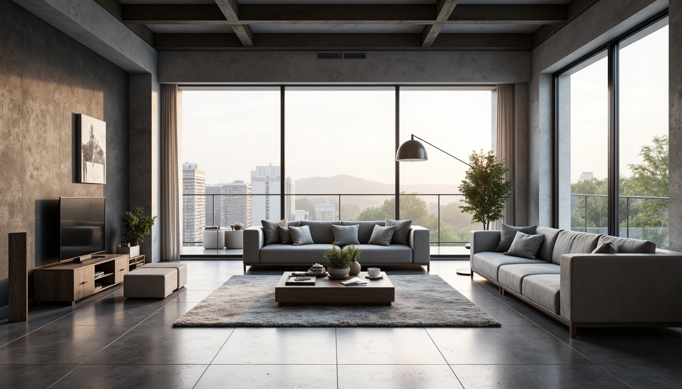 Prompt: Minimalist living room, monochromatic color scheme, sleek low-profile furniture, polished concrete floors, industrial chic decor, geometric patterns, floor-to-ceiling windows, natural light pouring in, subtle ambient lighting, 1/1 composition, shallow depth of field, soft warm glow, modern minimalist architecture, open-plan layout, functional spaces, clutter-free environment, hidden storage solutions, Scandinavian-inspired design elements.