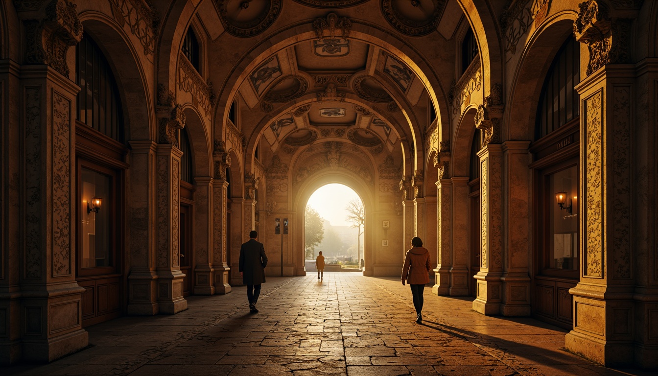 Prompt: Intricate stone carvings, ornate archways, grandiose entrance, rusticated walls, rounded turrets, flamboyant Gothic details, warm golden lighting, cinematic dramatic shadows, high-contrast textures, richly ornamented columns, intricately patterned floors, mysterious alleyways, old European cityscape, atmospheric foggy evening, soft warm glow, 3/4 composition, low-angle shot, realistic renderings, ambient occlusion.