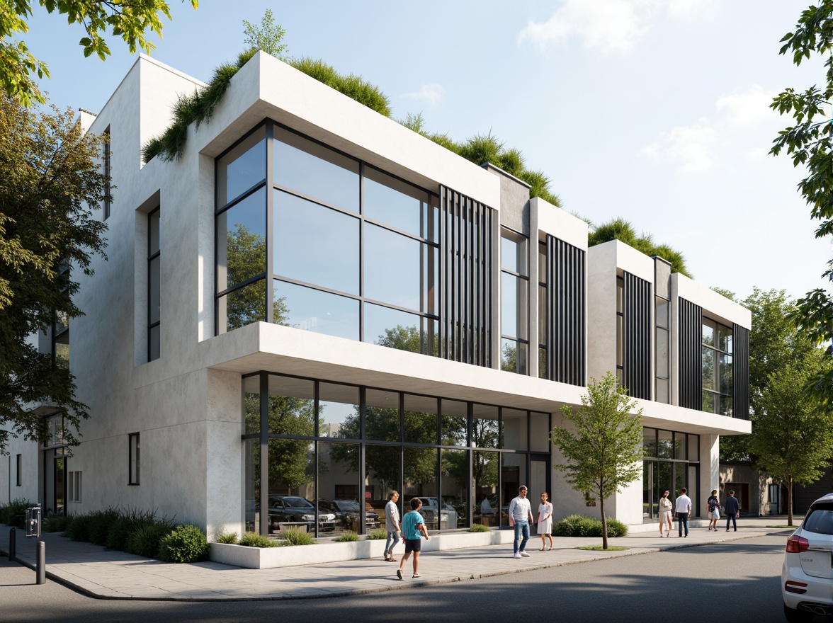 Prompt: Modern clinic facade, minimalist exterior design, neutral color palette, large glass windows, vertical aluminum louvers, natural stone cladding, cantilevered rooflines, green walls, living facades, urban cityscape, morning sunlight, soft diffused lighting, shallow depth of field, 1/1 composition, realistic textures, ambient occlusion.