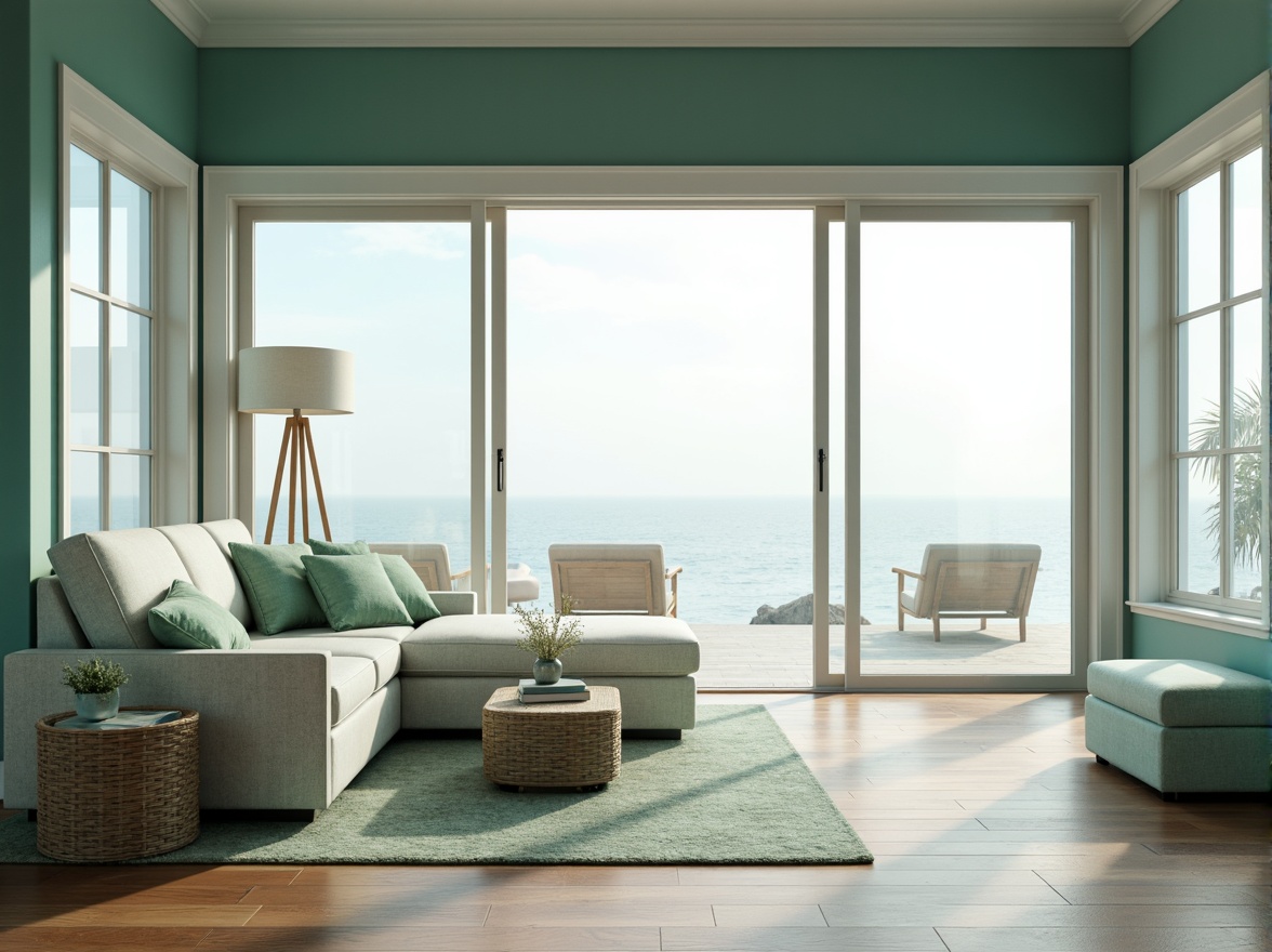 Prompt: Calm oceanic ambiance, teal accent walls, crisp white trim, natural wood tones, soft sage furnishings, minimalist decor, modern coastal architecture, large windows, sliding glass doors, seaside views, misty morning light, shallow depth of field, 1/1 composition, symmetrical framing, subtle gradient effects, realistic reflections, ambient occlusion.Let me know if this meets your requirements!