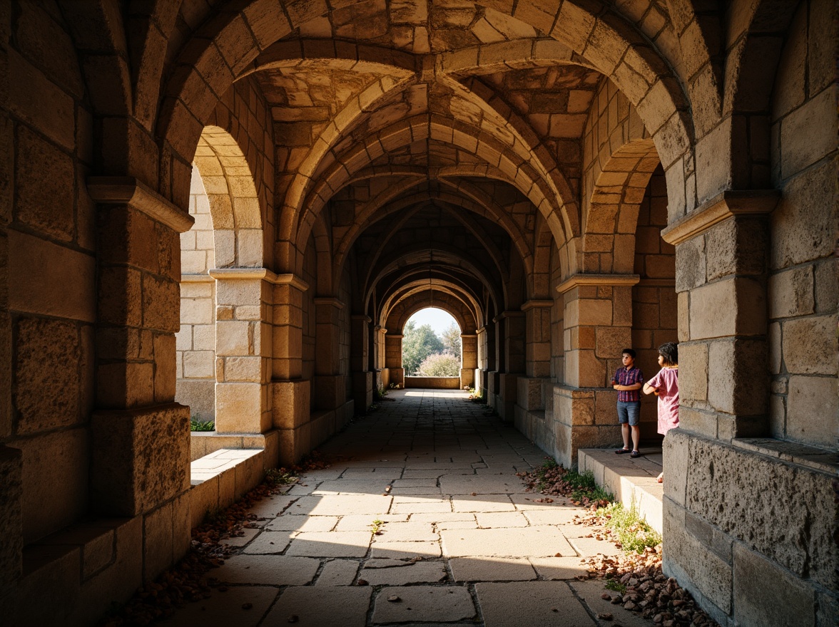 Prompt: Ancient Romanesque architecture, rough-hewn stone walls, ornate carvings, grand archways, ribbed vaults, textured columns, rustic stonework, earthy tones, natural rock formations, mystical ambiance, warm soft lighting, high contrast shading, 3/4 composition, dramatic shadows, ambient occlusion.