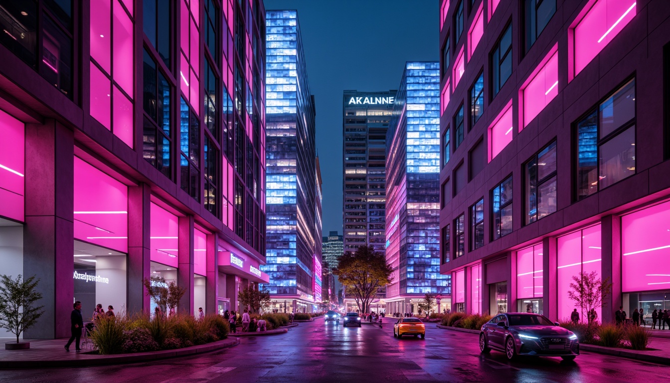 Prompt: Vibrant fuchsia accents, bold architectural statements, futuristic urban landscapes, neon-lit cityscapes, sleek metallic surfaces, iridescent glass facades, avant-garde building designs, dynamic geometric patterns, high-contrast color schemes, luminescent nighttime lighting, 1/2 composition, shallow depth of field, cinematic atmosphere, realistic reflections, ambient occlusion.