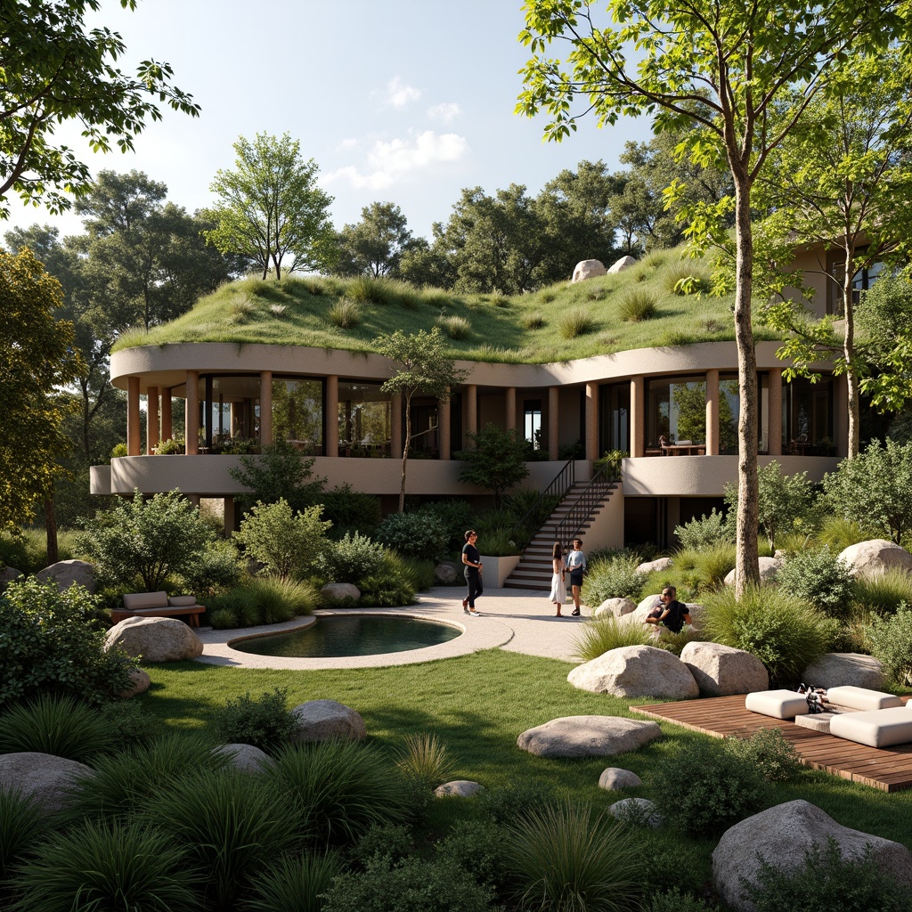 Prompt: Serene natural surroundings, lush green roofs, native plants integration, curved building lines, earthy tones, organic architecture, seamless transitions, outdoor living spaces, wooden decks, natural stone walls, cantilevered overhangs, floor-to-ceiling windows, sliding glass doors, warm sunlight filtering, dappled shadows, 3/4 composition, panoramic views, realistic textures, ambient occlusion.