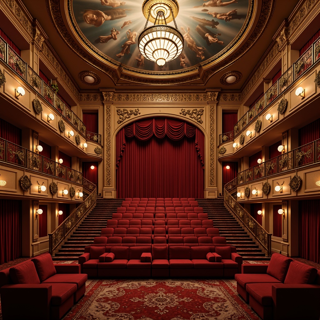 Prompt: Grandiose cinema interior, ornate golden accents, rich red velvet curtains, intricate Baroque patterns, luxurious velvety sofas, majestic grand staircase, opulent crystal chandeliers, lavish fresco ceiling, warm soft lighting, cinematic atmosphere, regal box seats, intimate private balconies, ornamental metal railings, plush crimson carpeting, sophisticated acoustic design, state-of-the-art projection technology, dramatic archways, sweeping curtains, romantic ambiance, nostalgic vintage feel, 1/2 composition, shallow depth of field, high dynamic range.