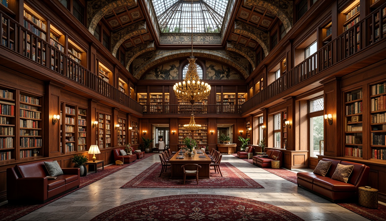 Prompt: Grandiose library interior, rich wood tones, ornate gold accents, lavish velvet drapes, intricate marble floors, warm candlelight, soft shadows, dramatic archways, imposing stone columns, luxurious leather-bound books, gilded frames, elaborate frescoes, vibrant jewel-toned rugs, opulent chandeliers, stunning stained glass ceilings, majestic reading rooms, quiet alcoves, solemn atmosphere, high contrast lighting, cinematic composition, realistic textures, ambient occlusion.