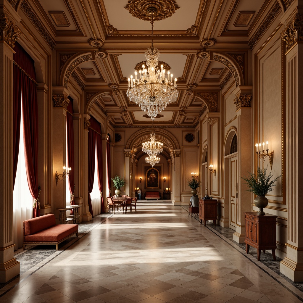 Prompt: Luxurious interior, rich wood tones, ornate moldings, creamy marble, velvet drapes, golden accents, crystal chandeliers, intricate carvings, soft warm lighting, shallow depth of field, 1/1 composition, realistic textures, ambient occlusion, regal atmosphere, lavish furnishings, classic proportions, symmetrical facade, grand entrance, imposing columns, ornate archways, subtle color palette, elegant details.