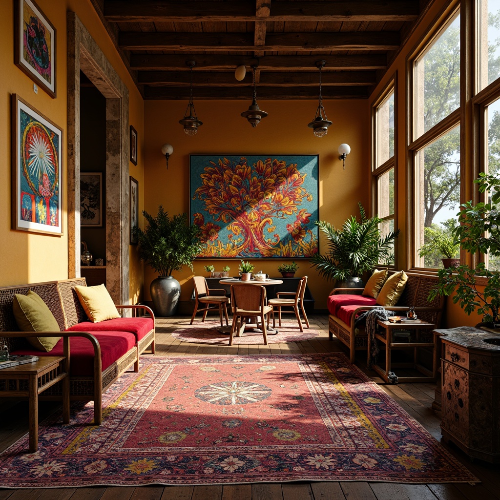 Prompt: Vibrant eclectic interior, bold artwork, mixed patterned rugs, distressed wood furniture, ornate metal decor, lush greenery, rich velvet fabrics, vintage antique pieces, colorful Moroccan tiles, abstract expressionist paintings, warm golden lighting, soft romantic ambiance, atmospheric shadows, 3/4 composition, shallow depth of field, realistic textures.