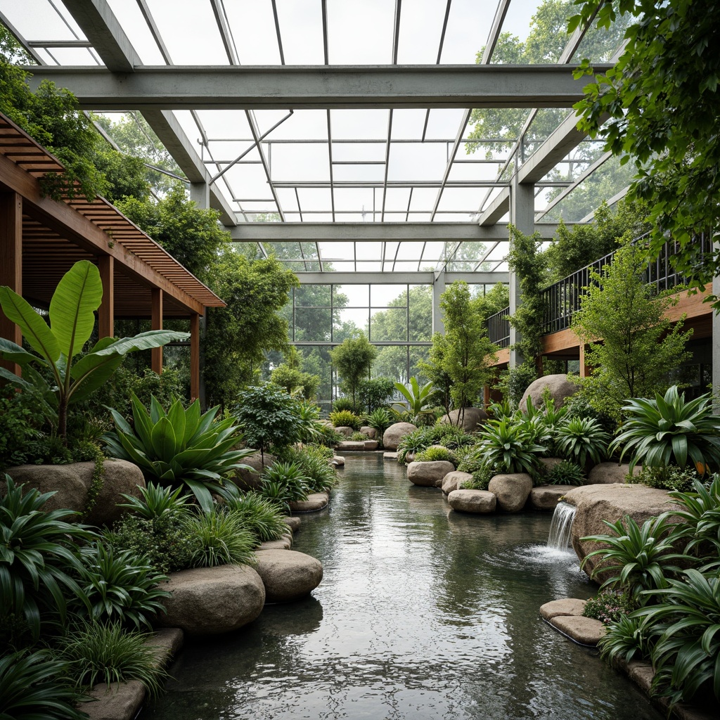 Prompt: Serene greenhouse interior, lush greenery, tropical plants, tranquil water features, small ponds, gentle waterfalls, misting systems, natural stone flooring, wooden trellises, glass roofs, modern minimalist architecture, large windows, sliding doors, abundant natural light, soft diffused lighting, shallow depth of field, 1/2 composition, panoramic view, realistic textures, ambient occlusion.