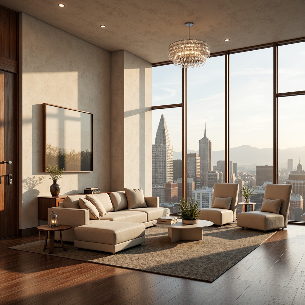 Prompt: Luxurious penthouse interior, sophisticated urban views, calming neutral tones, soft creamy whites, warm beige accents, rich walnut wood flooring, sleek metal fixtures, elegant crystal chandeliers, floor-to-ceiling windows, panoramic cityscape, morning golden light, subtle gradient effects, 1/1 composition, shallow depth of field, realistic textures, ambient occlusion.