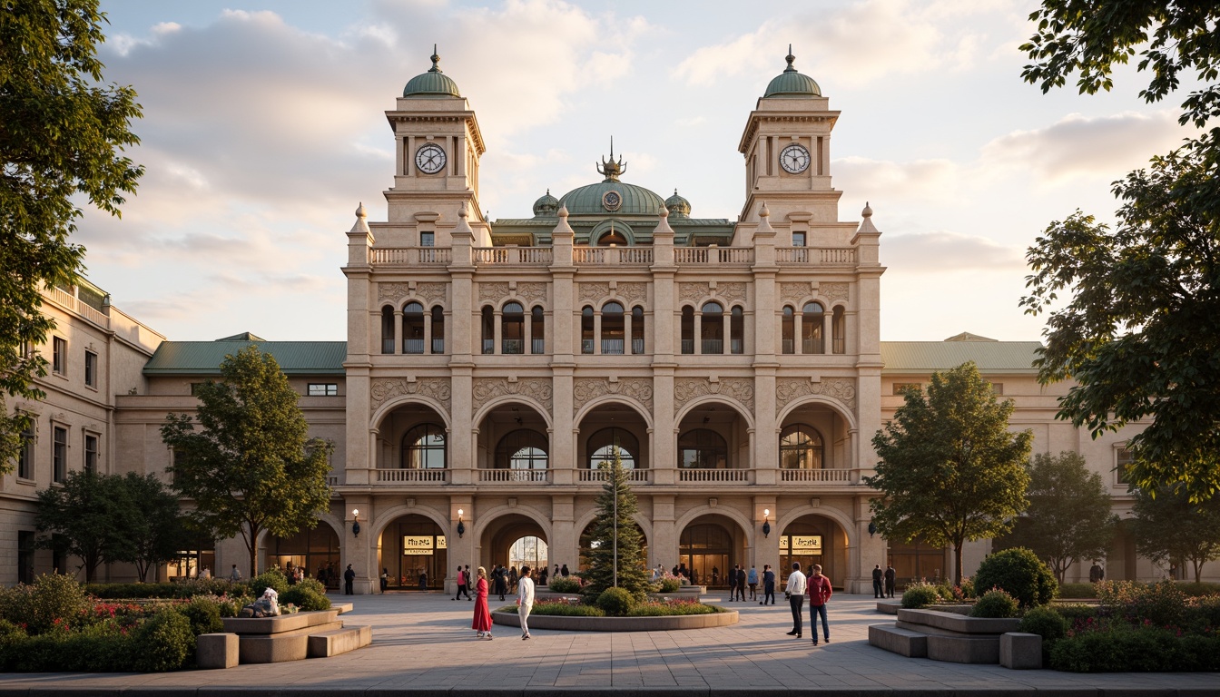 Prompt: Grandiose train station, Renaissance-style fa\u00e7ade, ornate stone carvings, intricate arches, majestic clock towers, elegant domed roofs, rusticated bases, Corinthian columns, symmetrical composition, warm golden lighting, soft misty atmosphere, 1/2 perspective, detailed textures, ambient occlusion, lush greenery, vibrant flower arrangements, pedestrian walkways, historic signage, ornate metal railings, classic lamp posts, bustling cityscape.