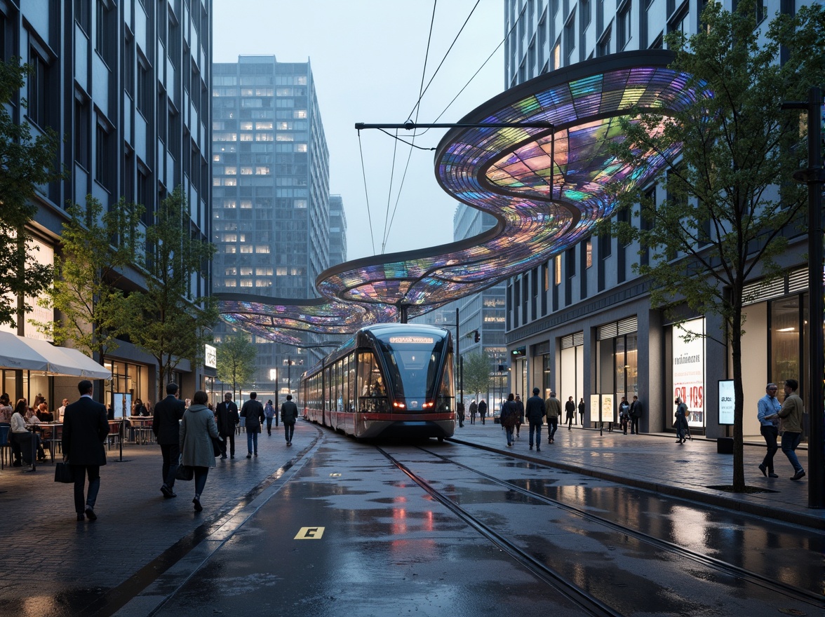 Prompt: Curved tram station, organic shapes, bioluminescent accents, iridescent glass panels, undulating rooflines, parametric design, futuristic urban infrastructure, sleek metallic structures, neon-lit advertisement boards, bustling city streets, rainy day, soft misty atmosphere, shallow depth of field, 1/1 composition, wide-angle lens, realistic materials, ambient occlusion.