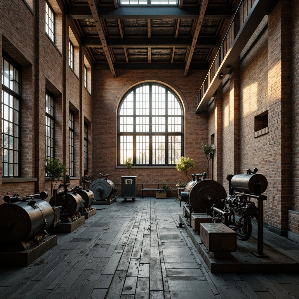 Prompt: Industrial-era factories, neoclassical architectural style, exposed brick walls, steel beams, worn wooden floors, vintage machinery, distressed metal accents, earthy tones, muted color palette, shades of gray, beige, and blue, warm golden lighting, soft focus, shallow depth of field, 1/2 composition, realistic textures, ambient occlusion.Please let me know if this meets your requirements!