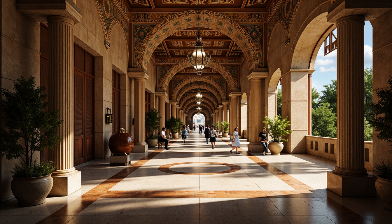 Prompt: \Grandiose student halls, ornate archways, Byzantine-inspired architecture, intricately patterned mosaics, golden accents, rich wood tones, vaulted ceilings, ornamental columns, lavish chandeliers, soft warm lighting, dramatic shadows, 1/1 composition, symmetrical framing, realistic textures, ambient occlusion.\