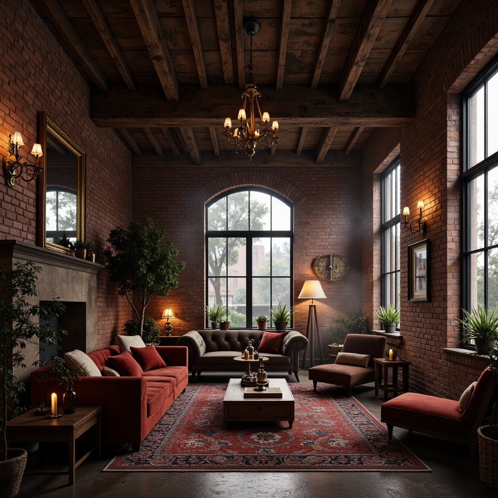 Prompt: Exposed brick walls, reclaimed wooden beams, distressed metal accents, ornate vintage lighting fixtures, plush velvet furnishings, rich jewel-toned color palette, luxurious patterned rugs, eclectic mix of antique and modern decorative pieces, grandiose floor-to-ceiling windows, soft warm candlelight, dramatic high ceilings, industrial-chic concrete floors, romantic intimate ambiance, atmospheric misty light, 1/1 composition, moody shadows, realistic textures.