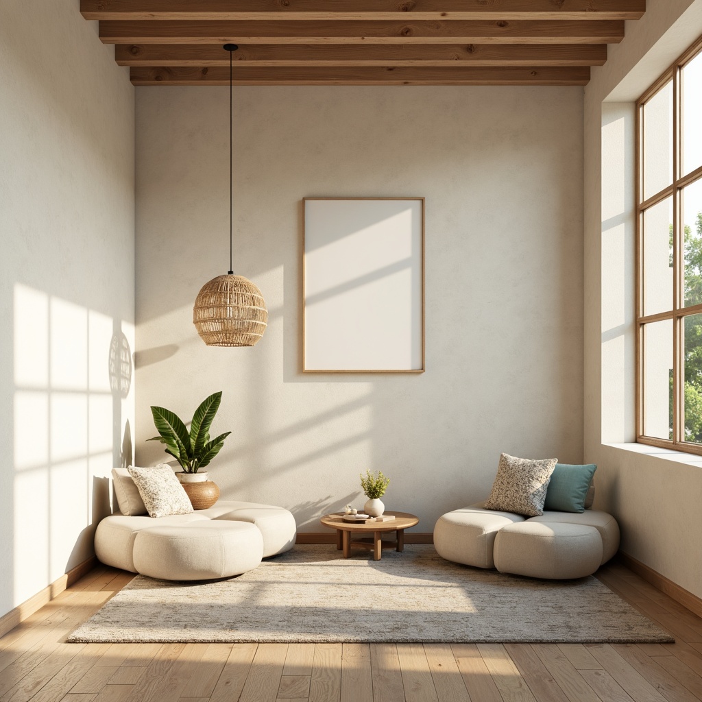 Prompt: Soften lighting, pastel hues, calming atmosphere, warm beige walls, creamy whites, soft grays, pale blues, muted greens, earthy tones, natural materials, wooden accents, woven textiles, organic shapes, minimalist decor, serene ambiance, cozy nooks, plush furnishings, gentle contrast, 1/1 composition, shallow depth of field, realistic rendering.