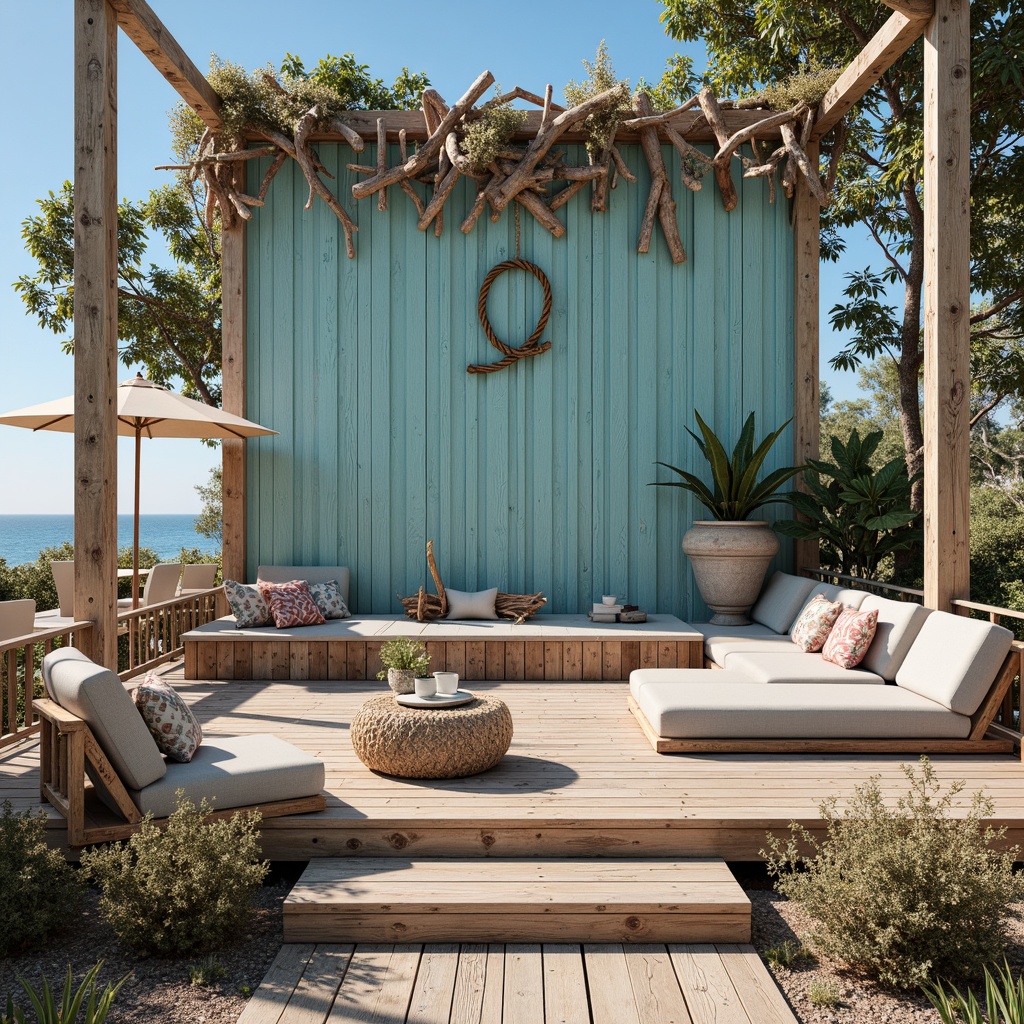 Prompt: Driftwood accents, weathered wooden decks, ocean-inspired color palette, coral-patterned textiles, nautical rope details, reclaimed wood stage, stainless steel fixtures, salt-resistant materials, beachy vibe, laid-back atmosphere, sunny day, natural lighting, shallow depth of field, 1/1 composition, panoramic view, realistic textures, ambient occlusion.Please let me know if this meets your requirements or if you need any adjustments!