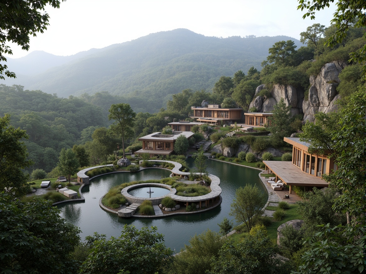 Prompt: Sweeping hills, lush greenery, serene water features, natural stone walls, cantilevered roofs, floor-to-ceiling windows, seamless indoor-outdoor transitions, organic architecture, biomimetic design, earthy color palette, rustic textures, ambient lighting, misty atmosphere, 1/1 composition, wide-angle lens, realistic vegetation, atmospheric perspective.