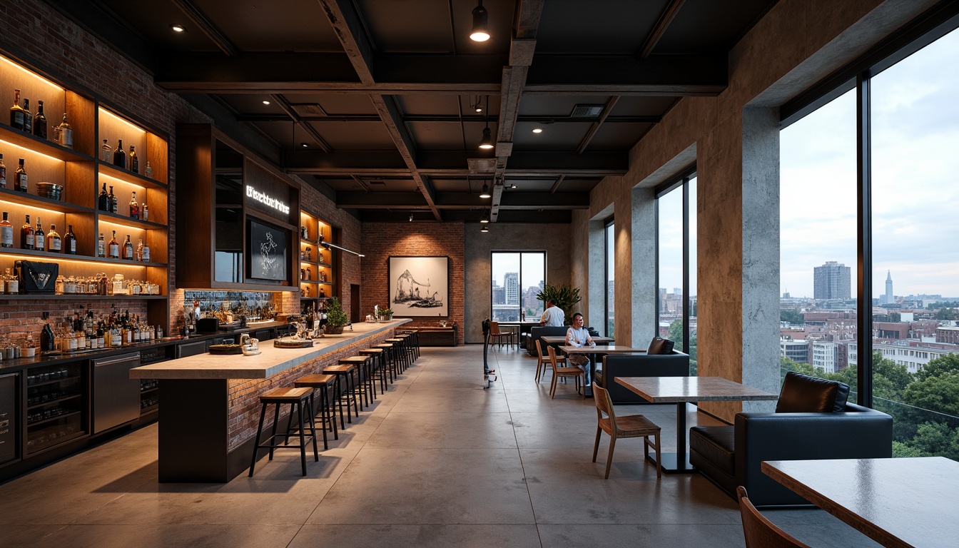 Prompt: Minimalist bar interior, exposed brick walls, polished concrete floors, industrial metal beams, reclaimed wood accents, urban skyline views, floor-to-ceiling windows, modern minimalist furniture, sleek LED lighting, metallic bar countertops, geometric patterns, monochromatic color scheme, abstract art pieces, urban landscape photography, warm ambient glow, shallow depth of field, 1/2 composition, natural textures, subtle reflections.