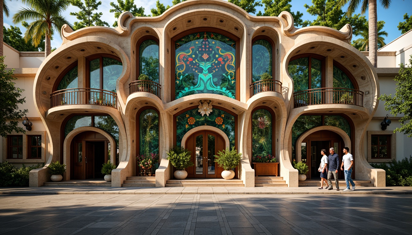 Prompt: Ornate Art Nouveau building, flowing curvilinear lines, organic forms, vibrant turquoise accents, intricately patterned mosaics, sinuous ironwork, grand entranceways, ornate doorways, stained glass windows, botanical motifs, whimsical sculptures, natural stone fa\u00e7ade, intricate brickwork, fluid shapes, dynamic light reflections, warm golden lighting, shallow depth of field, 1/2 composition, artistic close-up shots, highly detailed textures, ambient occlusion.