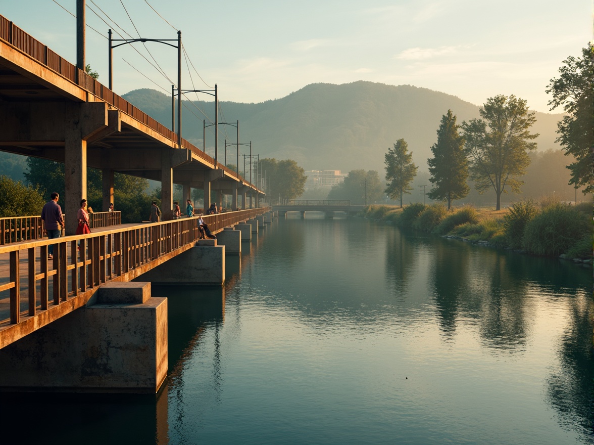 Prompt: Weathered steel bridges, rustic metal railings, warm beige concrete piers, soft blue water reflections, serene riverbanks, lush green vegetation, misty morning atmosphere, gentle golden lighting, shallow depth of field, 1/1 composition, realistic textures, ambient occlusion.