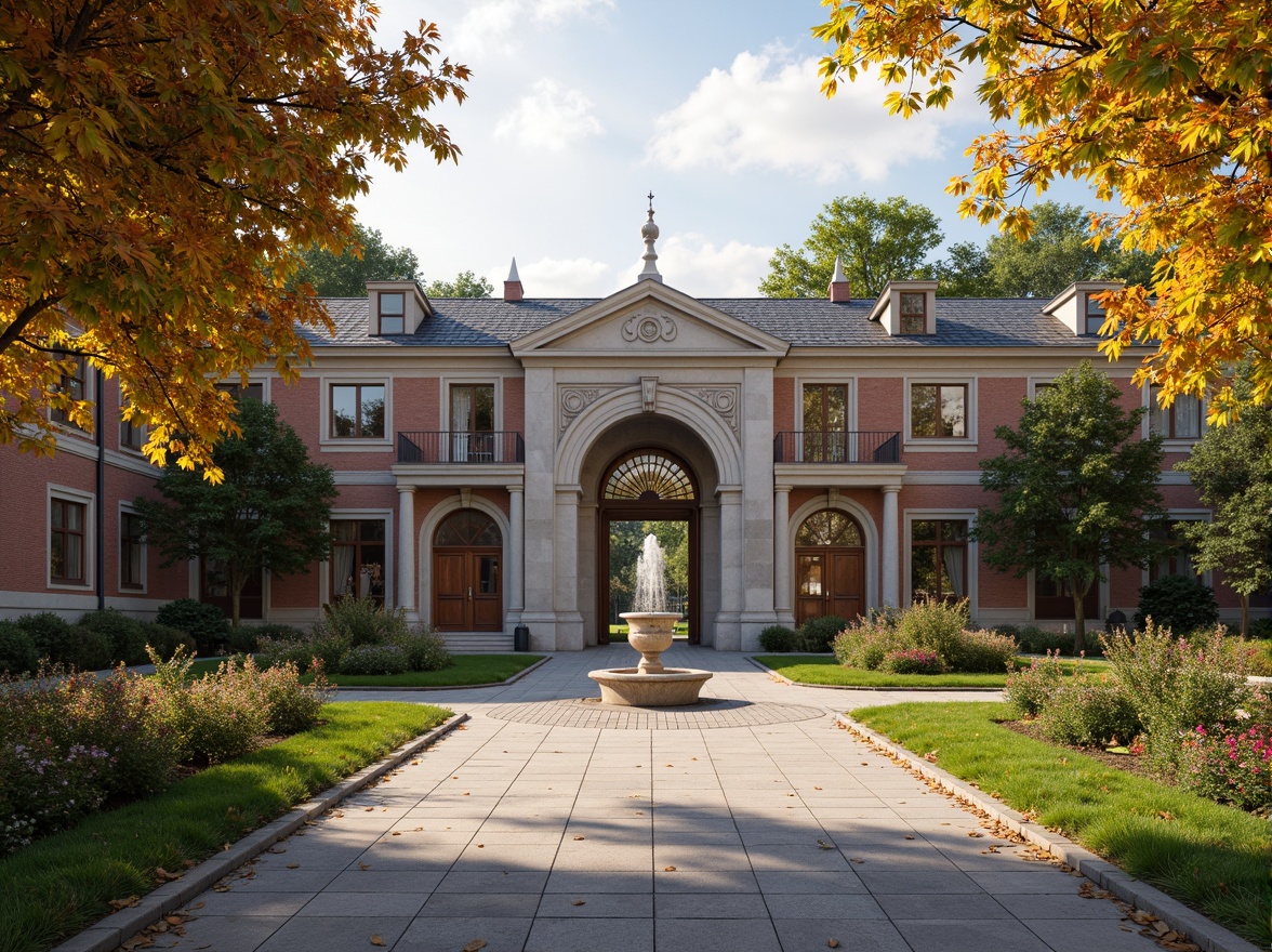 Prompt: Grand university entrance, ornate stone gates, symmetrical walkways, lush green lawns, majestic trees, seasonal flower beds, Renaissance-inspired fountains, ornamental statues, brick and stone buildings, classical columns, carved wooden doors, stained glass windows, warm golden lighting, soft focus, 3/4 composition, serene atmosphere.