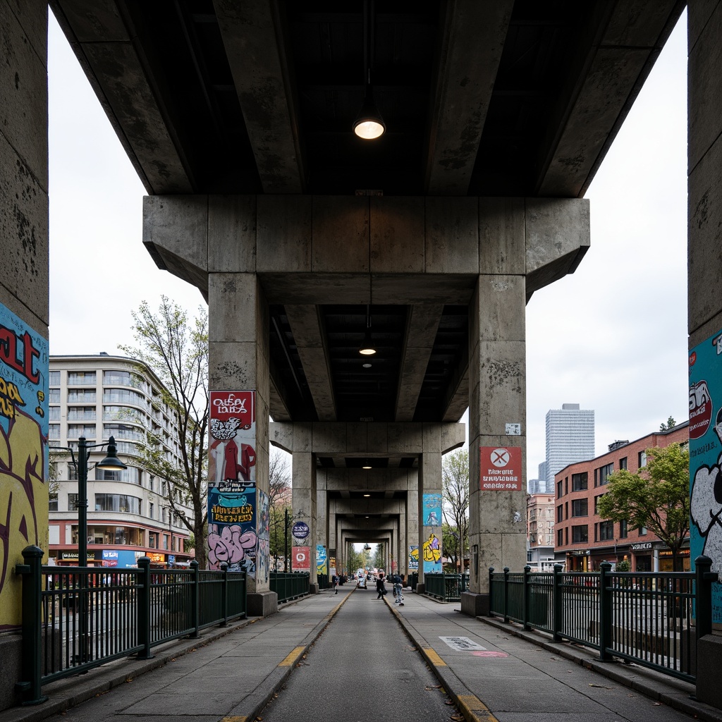 Prompt: Rugged pedestrian bridge, exposed concrete structure, brutalist architecture, steel beams, rough-textured aggregate, weathered metal railings, industrial-style lighting fixtures, urban cityscape, busy streets, vibrant street art, graffiti-covered walls, concrete piers, sturdy columns, raw unfinished surfaces, dramatic shadows, high-contrast lighting, 1/2 composition, atmospheric perspective, realistic textures, ambient occlusion.