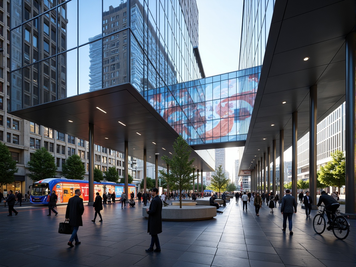 Prompt: Modern bus station, sleek glass facades, minimalist design, angular lines, futuristic architecture, urban cityscape, busy streets, rush hour atmosphere, natural light pouring in, reflective surfaces, stainless steel columns, cantilevered roofs, curved lines, dynamic shapes, vibrant colors, abstract patterns, LED lighting displays, bustling pedestrian traffic, shallow depth of field, 1/1 composition, high contrast ratio, ambient occlusion.