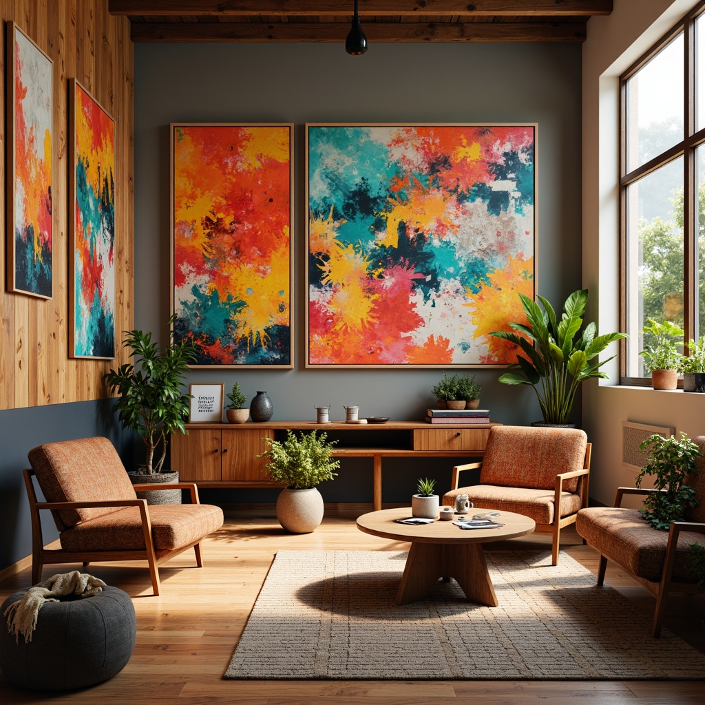 Prompt: Vibrant art studio, eclectic color palette, bold brushstrokes, textured canvases, contemporary artwork, modern interior design, sleek wooden floors, minimalist furniture, abstract expressionism, warm golden lighting, shallow depth of field, 1/1 composition, realistic textures, ambient occlusion.