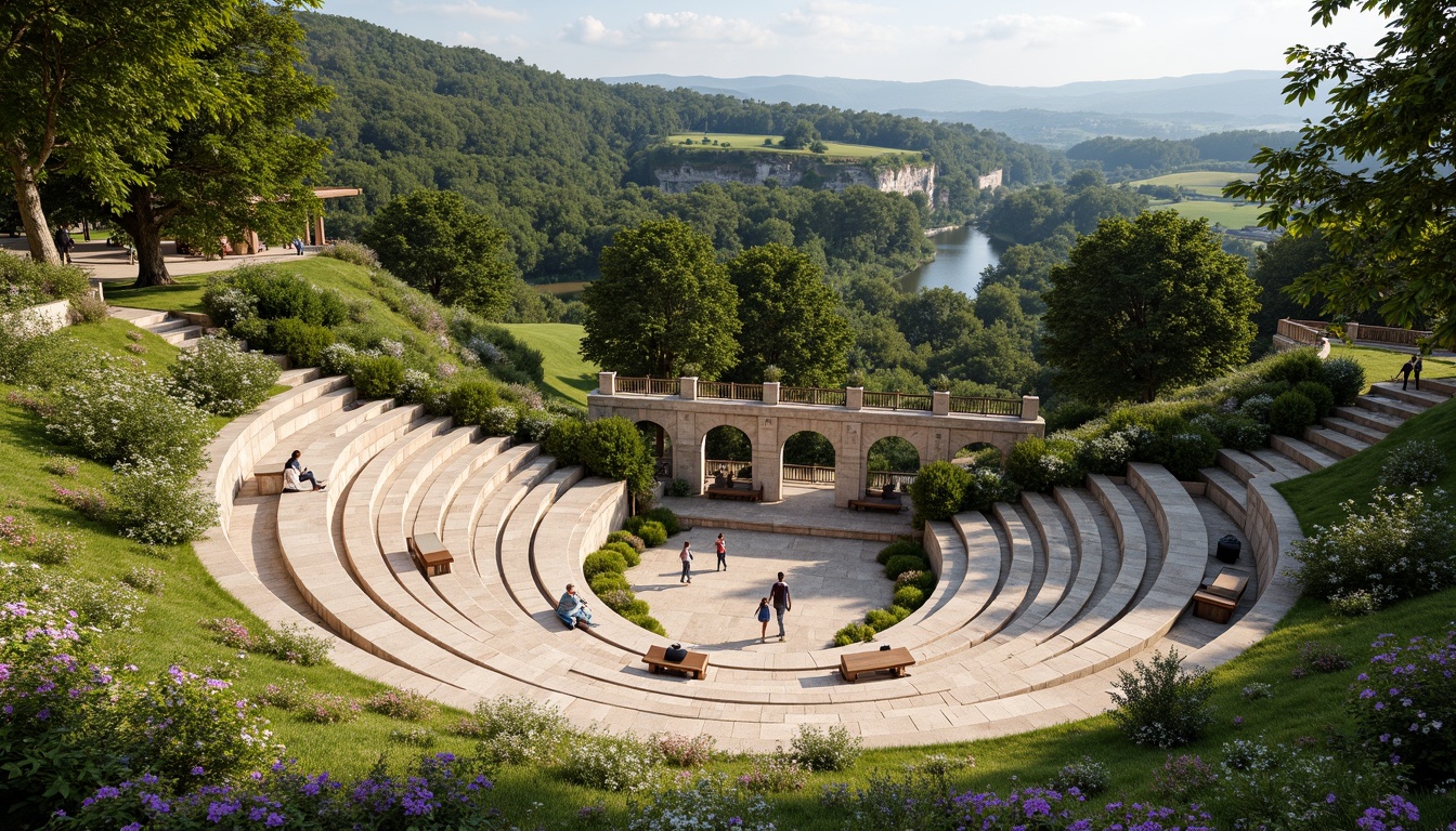 Prompt: Semi-circular amphitheater, natural stone seating, lush greenery, vibrant flowers, tiered landscape, gentle slopes, serene atmosphere, warm sunny day, soft diffused lighting, panoramic view, symmetrical composition, curved lines, organic shapes, earthy tones, wooden accents, comfortable benches, rustic railings, scenic overlooks, tranquil water features, natural rock formations, meandering pathways, subtle texture variations.