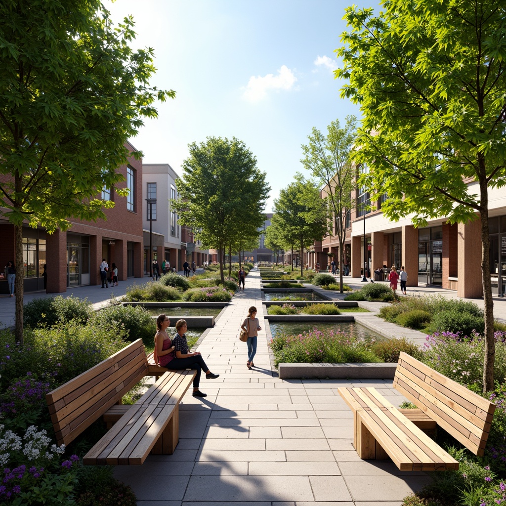 Prompt: Vibrant shopping center, lush greenery, colorful flowers, modern water features, sleek benches, decorative lamp posts, natural stone pathways, rustic wood accents, large canopy trees, sunny day, soft warm lighting, shallow depth of field, 3/4 composition, panoramic view, realistic textures, ambient occlusion.