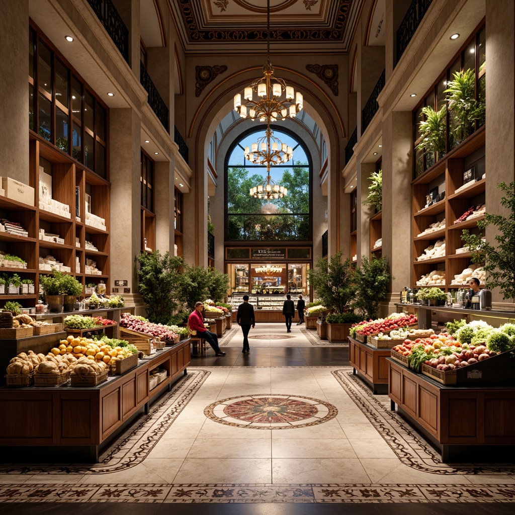 Prompt: Ornate grocery store facade, grand entrance arches, fluted columns, polished marble floors, intricately patterned ceramic tiles, ornamental metalwork, elegant chandeliers, lavish flower arrangements, abundant fresh produce displays, artisanal food stations, richly textured wooden shelves, ambient warm lighting, 1/2 composition, soft focus effect, realistic reflections, high-contrast color palette.